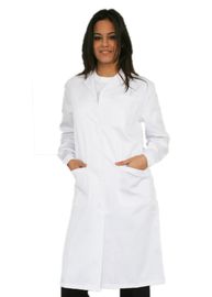 El trabajo médico del ajustado clásico uniforma la capa blanca del laboratorio en popelín y tela cruzada estupenda